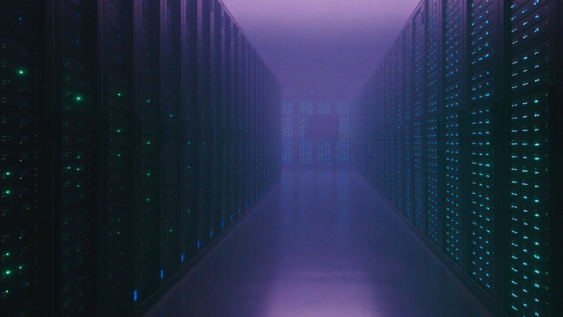 A long aisle of BeHost server racks lit in violet and teal